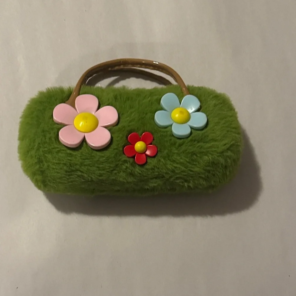Chic Green Furry Eye Glass Case Handbag with Floral Details